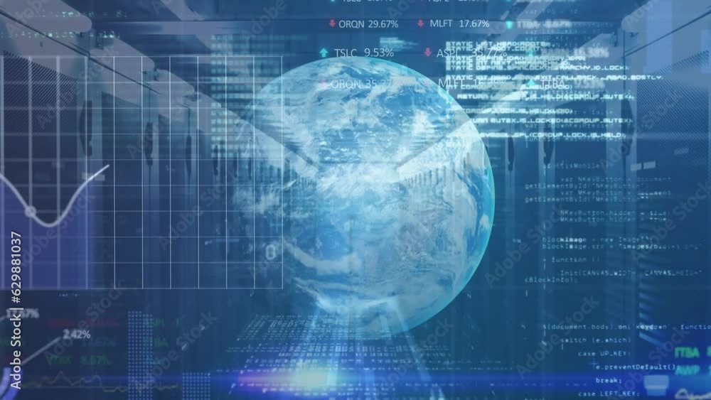 Poster animation of statistical and stock market data processing over a globe against computer server room