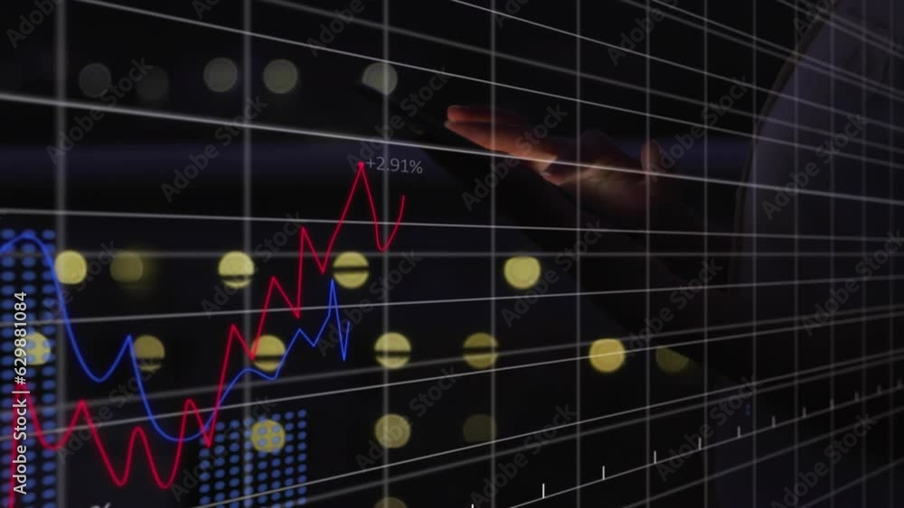 Poster animation of statistical data processing against mid section of man using digital tablet