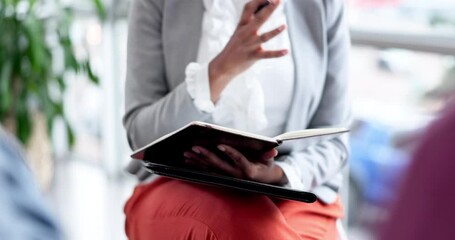 Hands, writing and notebook for marriage counselling with a therapist in an office for couple support. Consulting, divorce or psychology with a therapy professional listening to a problem or issue