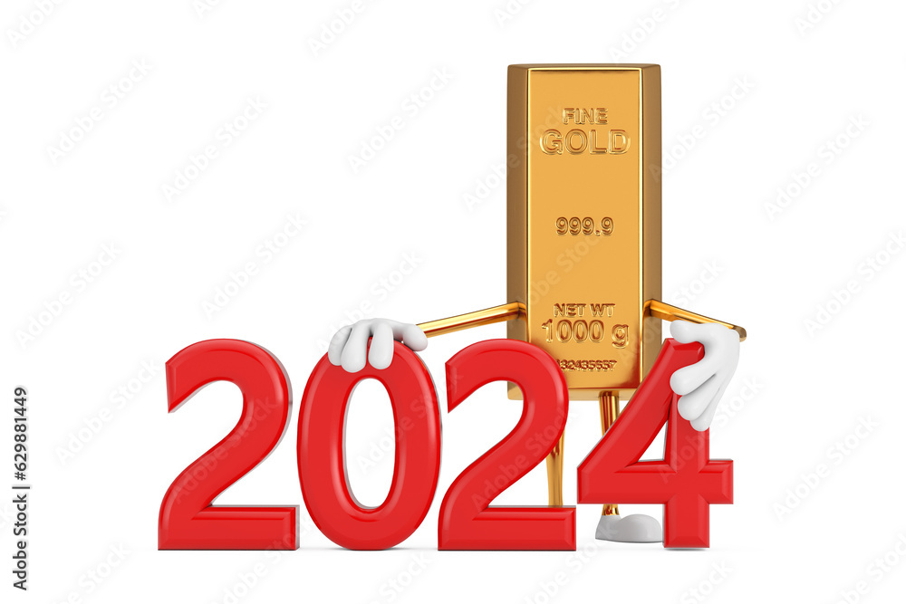 Aufkleber golden bar cartoon person character mascot with red 2024 new year sign. 3d rendering