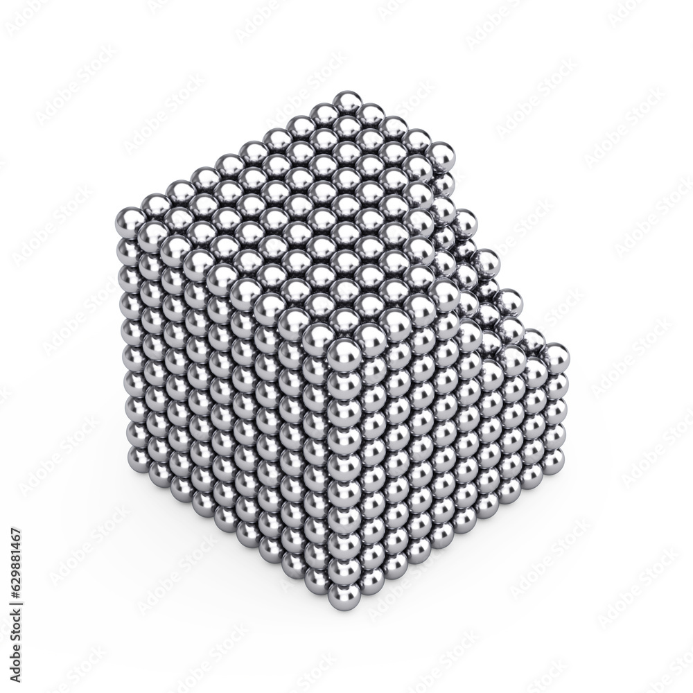 Poster abstract stack of chrome metal spheres balls in shape of cube. 3d rendering