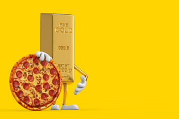 Golden Bar Cartoon Person Character Mascot with Tasty Pepperoni Pizza. 3d Rendering