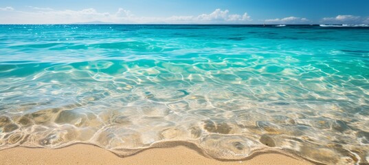Summer beach and clear sea water background. Vacation holidays wallpaper. Generative AI technology.