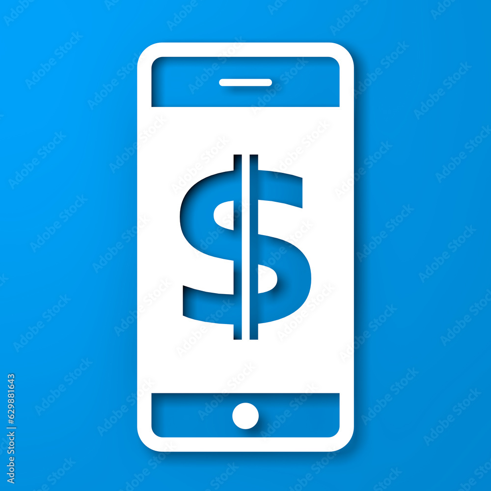 Aufkleber white paper cut mobile phone with dollar sign app icon on screen. 3d rendering