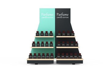 Parfume Bottles on a Wooden Store Product Display Showcase Rack Shelves. 3d Rendering