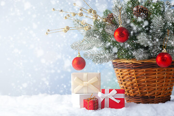 Fototapeta na wymiar Christmas presents, Christmas balls, Christmas tree and snow. Christmas background.