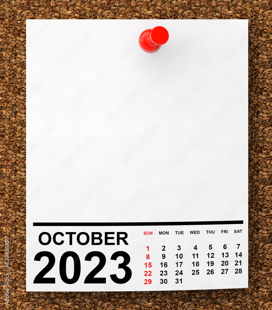 Poster calendar october 2023 on blank note paper. 3d rendering