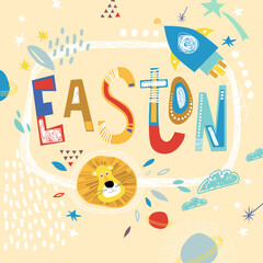 Bright card with beautiful name Easton in planets, lion and simple forms. Awesome male name design in bright colors. Tremendous vector background for fabulous designs