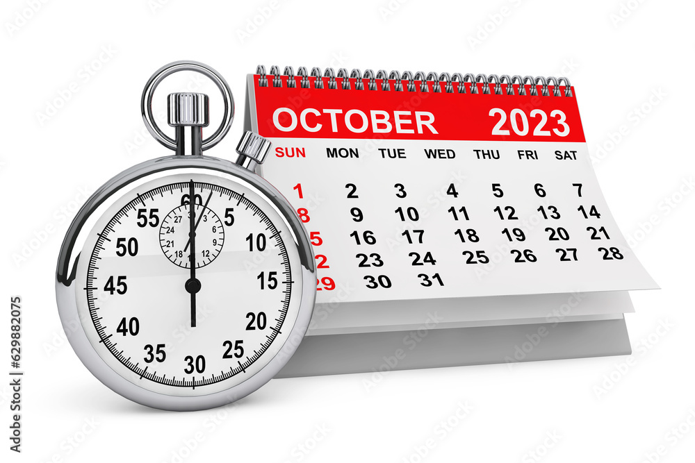Poster 2023 year october calendar with stopwatch. 3d rendering