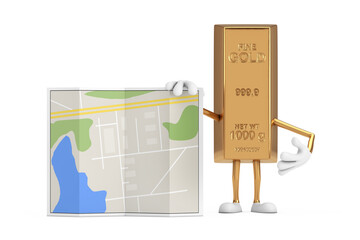 Golden Bar Cartoon Person Character Mascot with Abstract City Plan Map. 3d Rendering