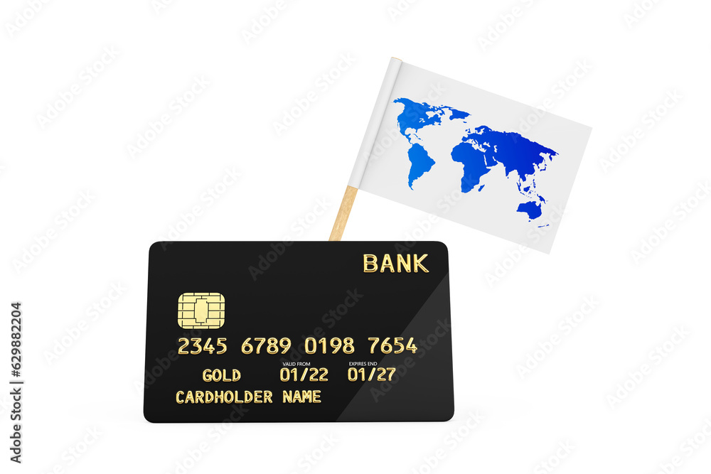 Poster world map flag and black plastic golden credit card with chip. 3d rendering