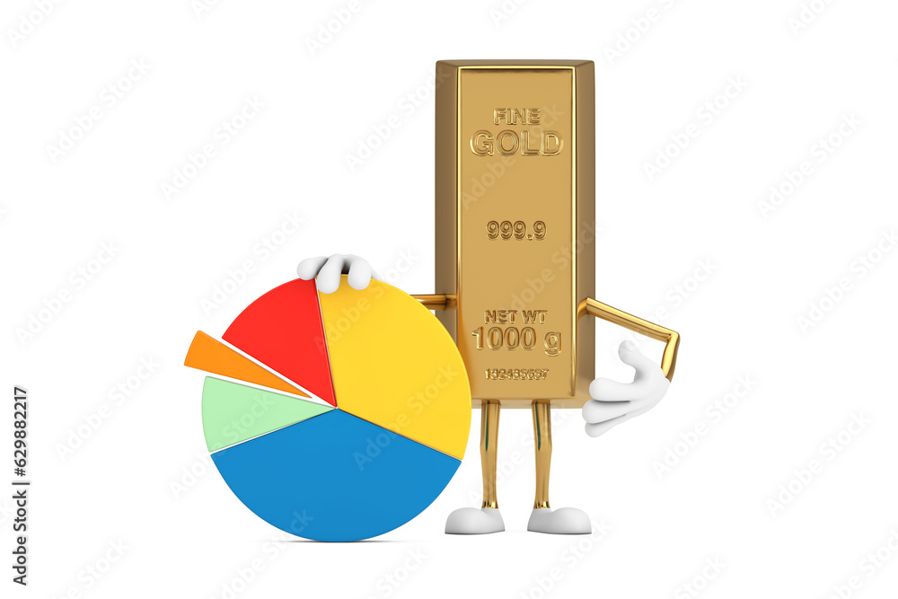 Poster golden bar cartoon person character mascot with info graphics business pie chart. 3d rendering