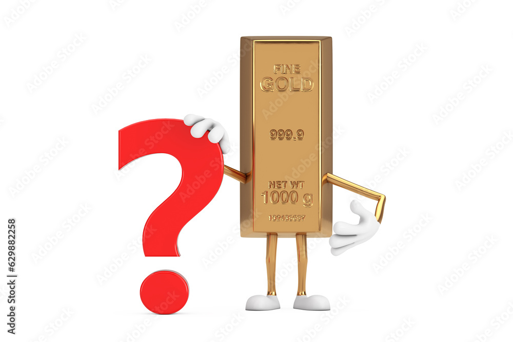 Aufkleber golden bar cartoon person character mascot with red question mark sign. 3d rendering