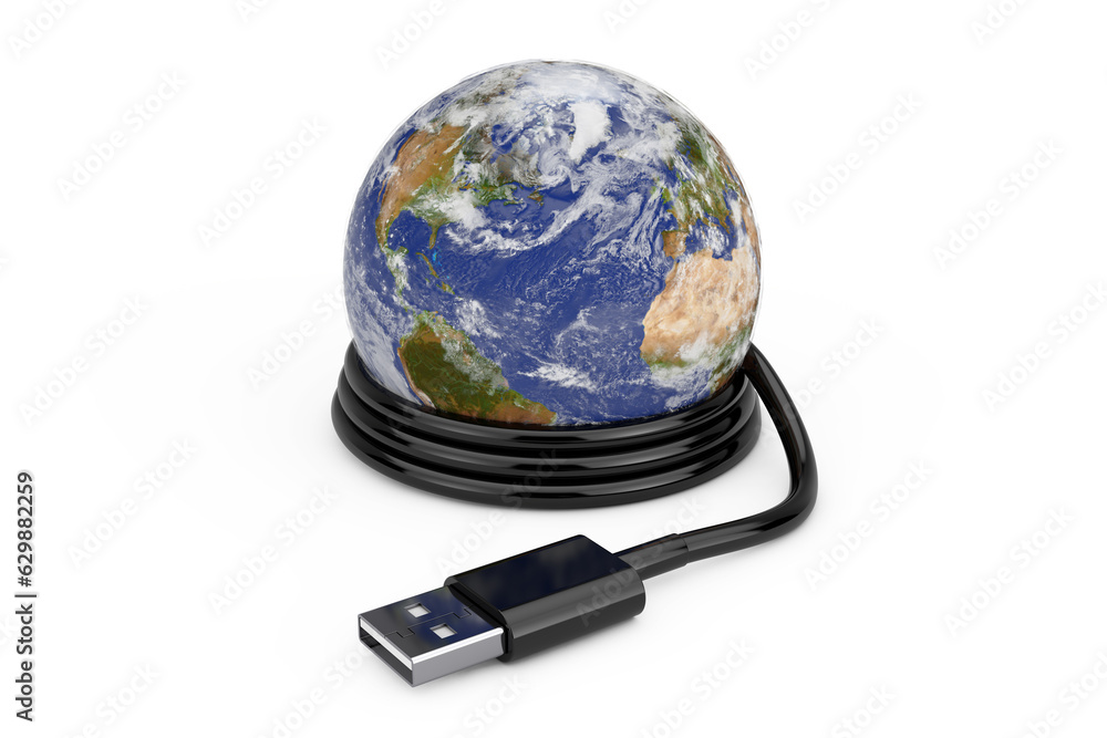 Poster planete earth world globe with usb cable. elements of this image furnished by nasa. 3d rendering