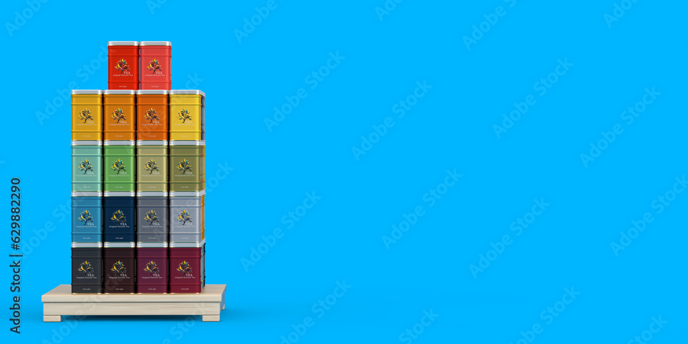 Poster Metal Tea Boxes with Store Product Display Showcase Rack Shelves. 3d Rendering