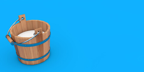 Wooden Bucket Filled with Fresh Milk. 3d Rendering