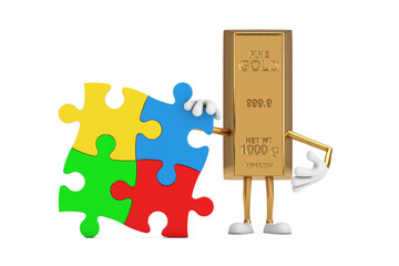 Golden Bar Cartoon Person Character Mascot with Four Pieces of Colorful Jigsaw Puzzle. 3d Rendering