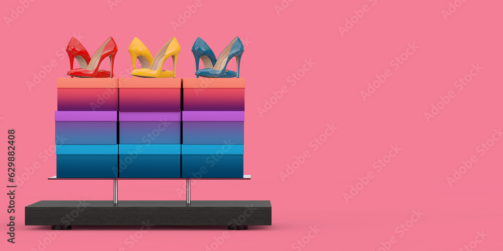 Aufkleber store product display showcase rack shelves with woman shoe boxes and high heels wooman shooes. 3d r