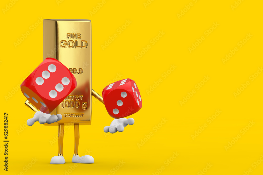 Poster golden bar cartoon person character mascot with red game dice cubes in flight. 3d rendering
