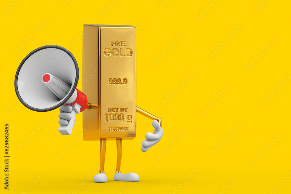 Poster golden bar cartoon person character mascot with red retro megaphone. 3d rendering