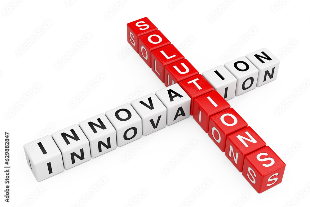 Aufkleber Innovation and Solutions Sign as Crossword Cube Blocks. 3d Rendering