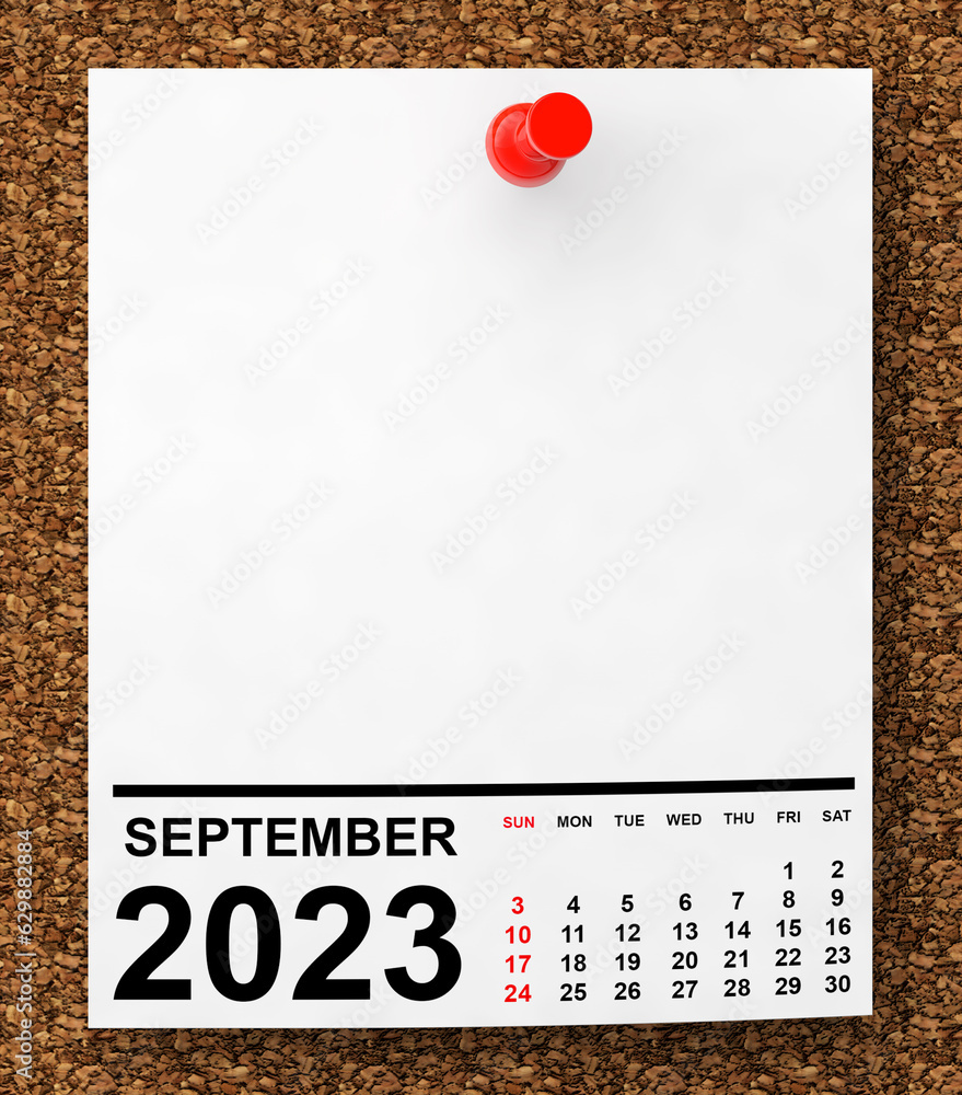 Aufkleber calendar september 2023 on blank note paper. 3d rendering