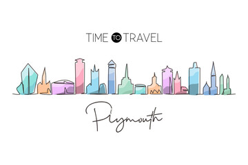 Single one line drawing Plymouth city skyline, England. Famous city scraper landscape. World travel home wall decor art poster print concept. Continuous line draw design graphic vector illustration