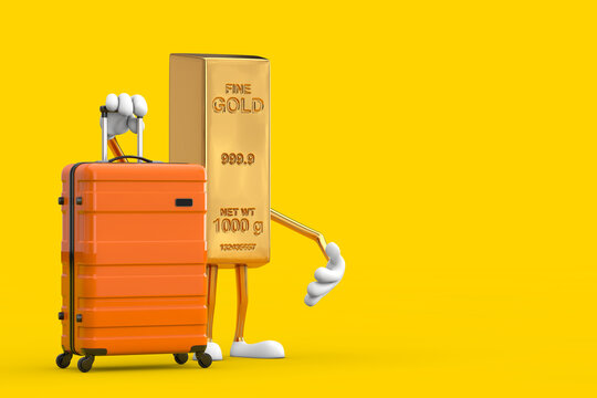 Golden Bar Cartoon Person Character Mascot with Orange Travel Suitcase. 3d Rendering