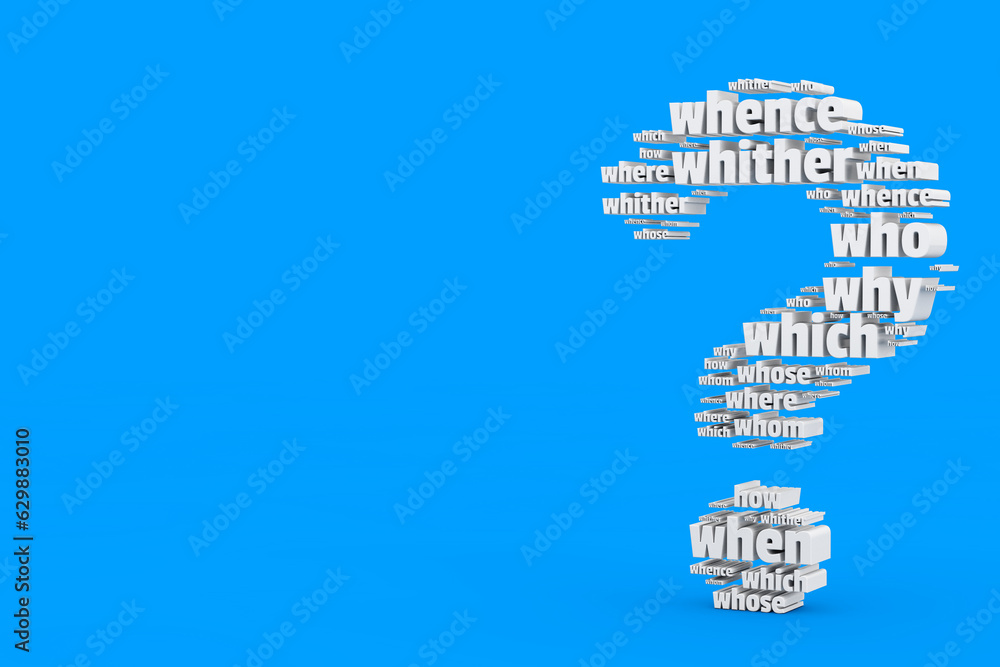 Poster Question Words in Shape of Question Mark. 3d Rendering