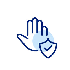 Hand gesturing stop and protection shield with check mark. Pixel perfect, editable stroke icon