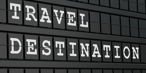 Travel Destination, arrival and departue baord in black. Journey, vacation, travel destination, booking, flying, tourism. 3D illustration