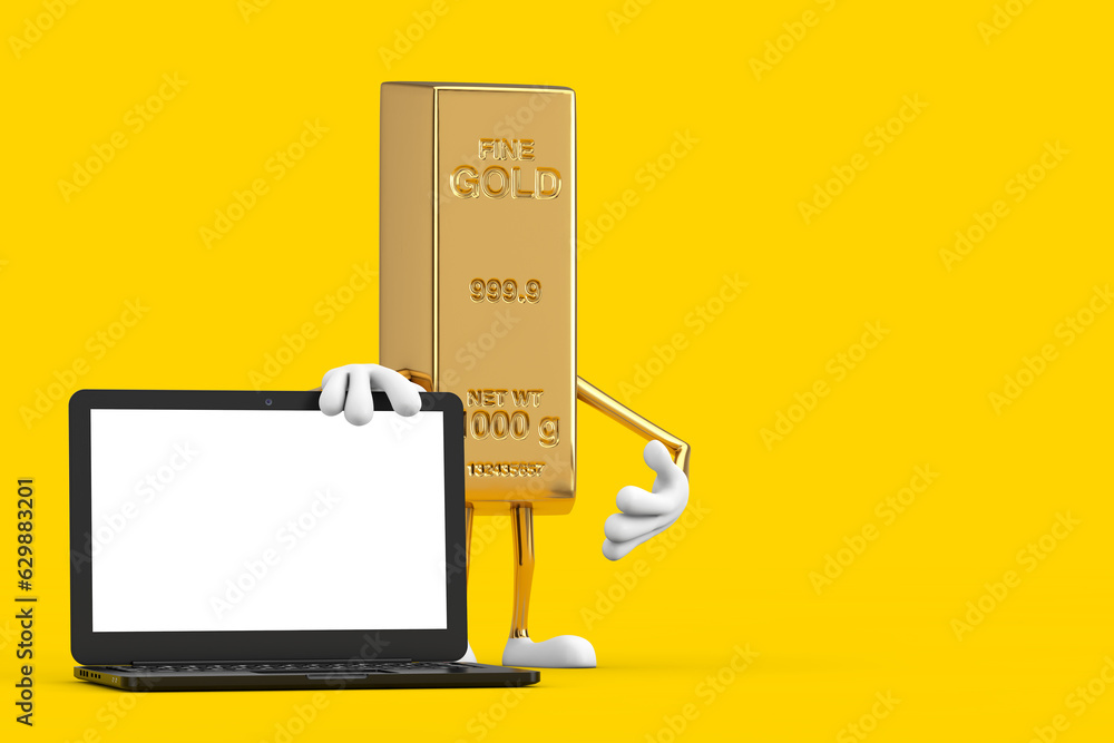 Aufkleber golden bar cartoon person character mascot with modern laptop computer notebook and blank screen for