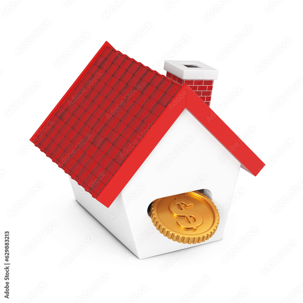 Poster real estate investment concept. house in shape of piggy bank with dollar coin. 3d rendering