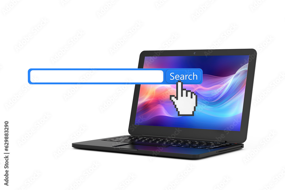 Poster modern laptop with internet search bar engine browser window. 3d rendering
