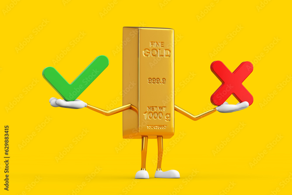 Poster golden bar cartoon person character mascot with red cross and green check mark, confirm or deny, yes