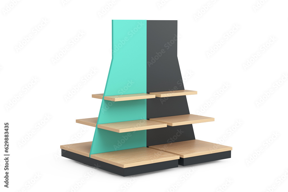 Aufkleber empty wooden store product display showcase rack shelves. 3d rendering