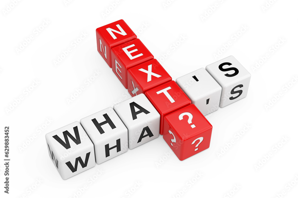 Poster what's next sign as crossword cube blocks. 3d rendering