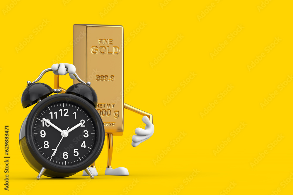Aufkleber Golden Bar Cartoon Person Character Mascot with Alarm Clock. 3d Rendering