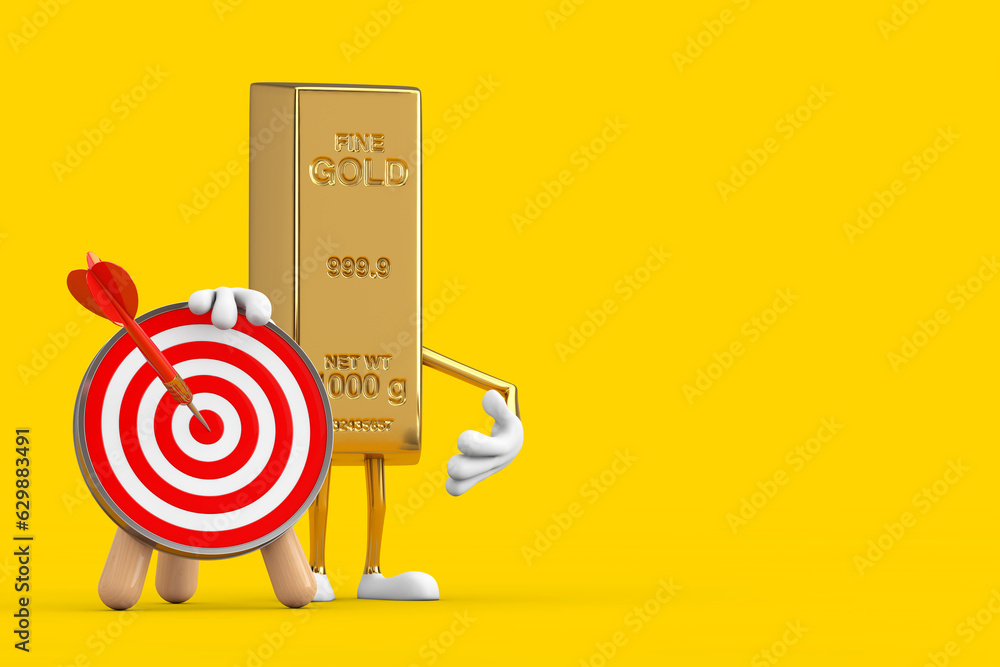 Leinwandbilder Golden Bar Cartoon Person Character Mascot with Archery Target and Dart in Center. 3d Rendering