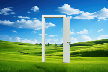 Opened Door with No Entry Sign on a Grass Covered Hill. 3d Rendering