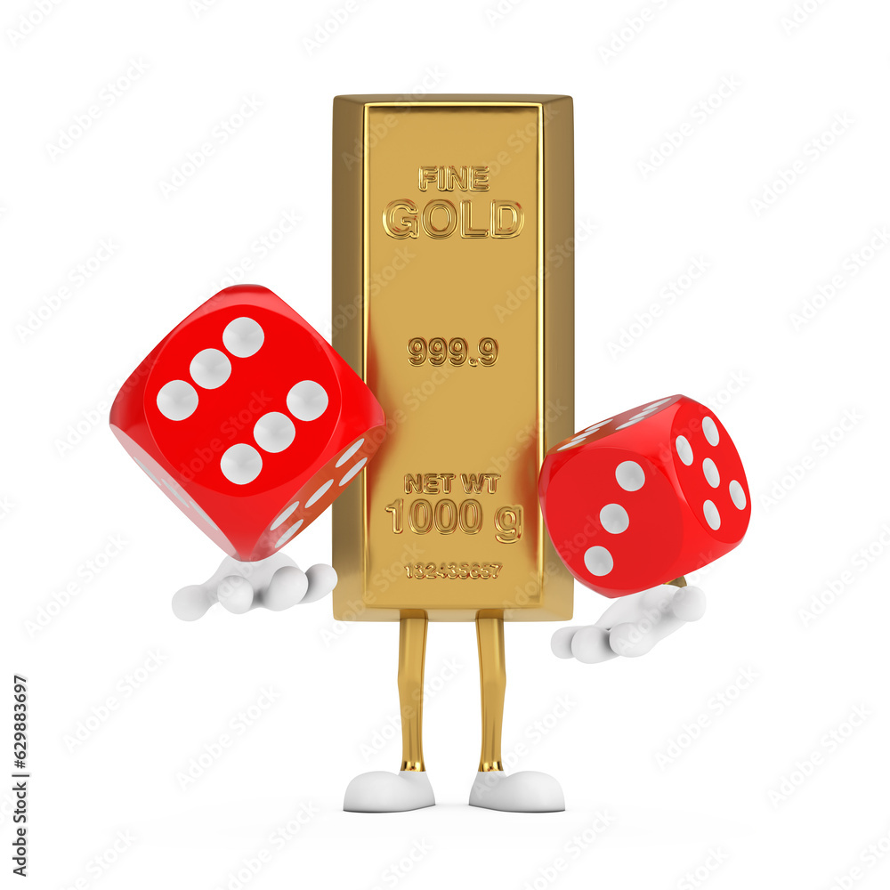 Fototapete Golden Bar Cartoon Person Character Mascot with Red Game Dice Cubes in Flight. 3d Rendering