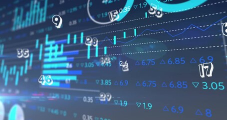 Animation of numbers floating over statistical and stock market data processing on blue background - Powered by Adobe