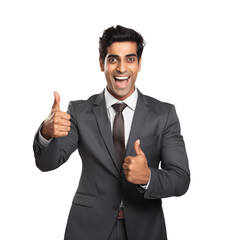 Handsome indian businessman celebrating success with thumbs up. Isolated on transparent background.