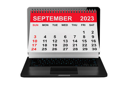 September 2023 calendar over laptop screen. 3d rendering