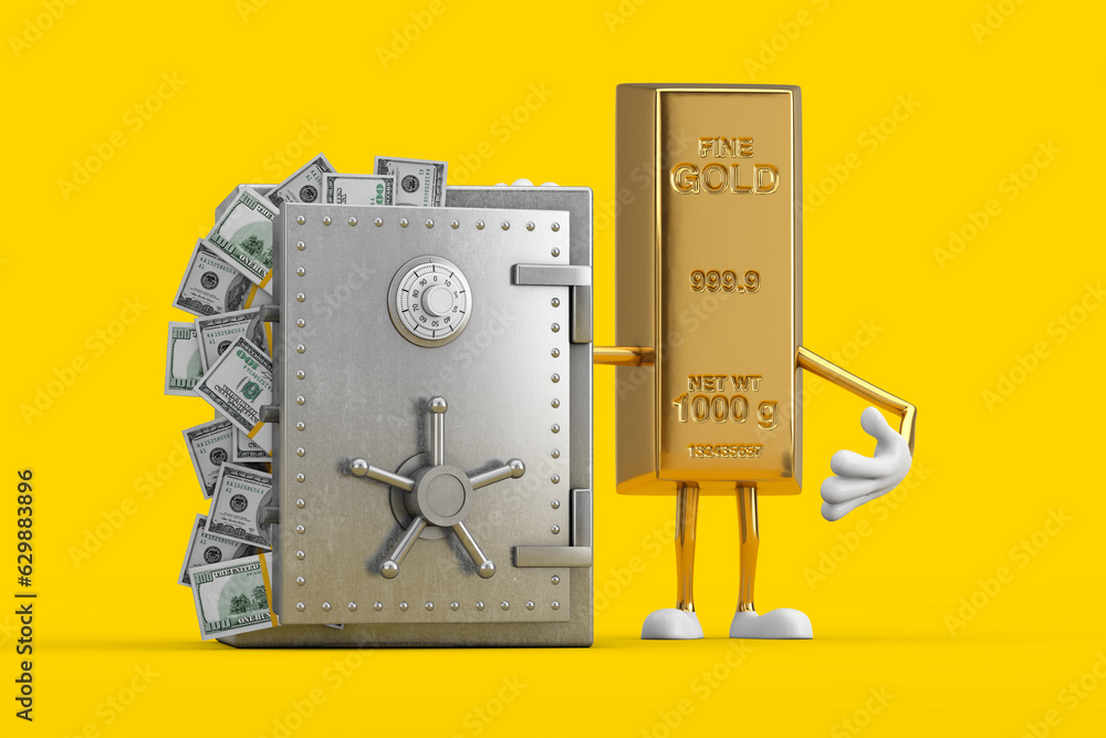 Poster golden bar cartoon person character mascot with vault or safe box full of dollar bills. 3d rendering