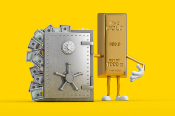 Golden Bar Cartoon Person Character Mascot with Vault or Safe Box Full of Dollar Bills. 3d Rendering