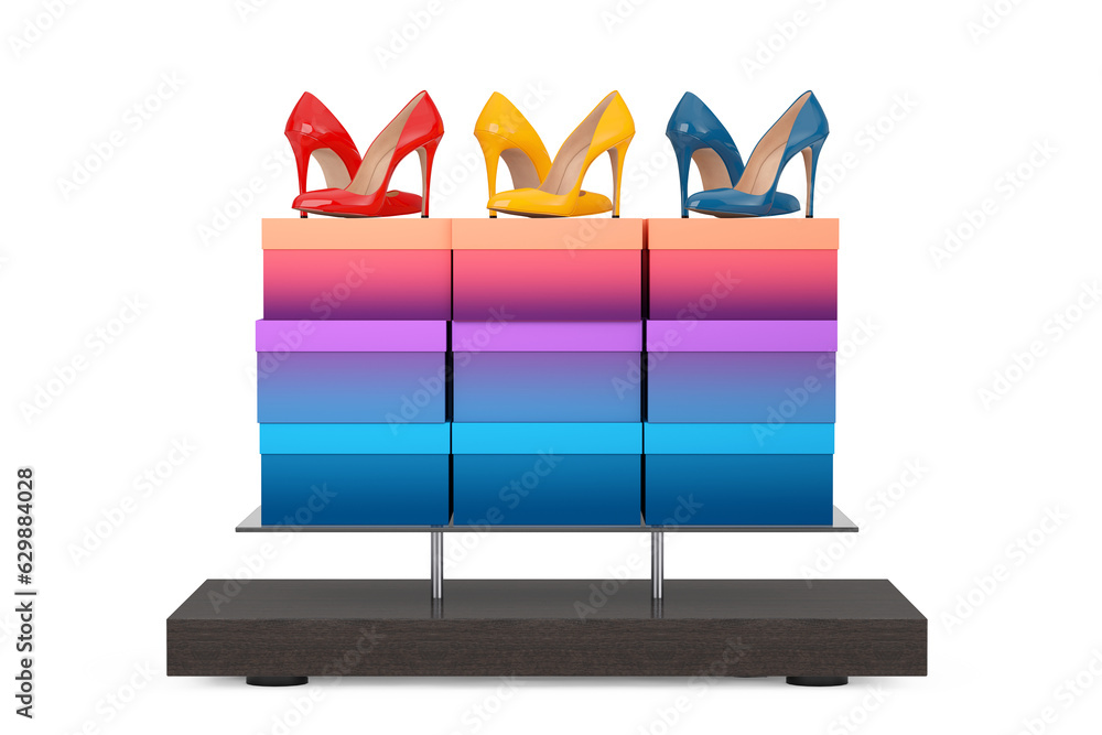 Aufkleber store product display showcase rack shelves with woman shoe boxes and high heels wooman shooes. 3d r