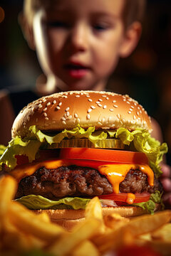 Big tasty hamburger and a child in a background. Generative Ai image