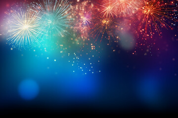 beautiful fireworks display at night with bokeh lights, festive background
