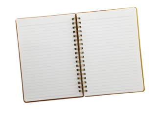 Blank open notebook isolated on transparent background, PNG.